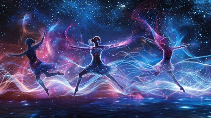 A captivating digital art piece featuring ballet dancers composed of stardust, their movements leaving vibrant trails against a starry cosmic backdrop. - obrazy, fototapety, plakaty