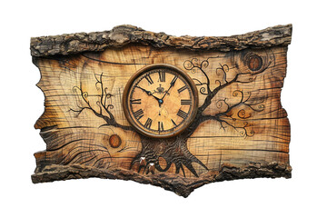 Old Wood Engraved with Clock on Transparent Background