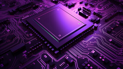 Closed up of CPU on the circuit board with purple lighting. Technology, innovation and future...