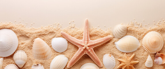 Fototapeta na wymiar sea shells and starfish on sand, banner with copy space