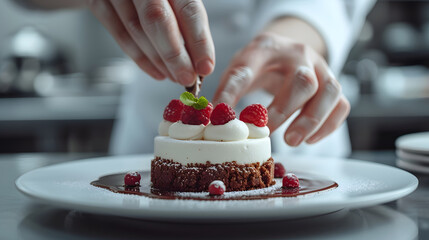 A chef is garnishing a white plate with dessert. The dessert is surrounded by more plates of desserts in the background.