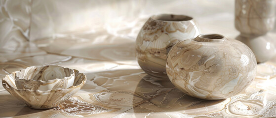 Harmonious ceramic vases and bowl on a glossy, reflective surface, conveying a sense of tranquility and artistry