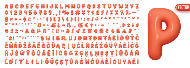 Fonts Complete set alphabetic letters and symbols and signs, numbers. Big collection of creative Font realistic 3d design plastic balloons style. Language support French, German. Vector illustration