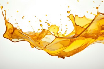 A mesmerizing scene of golden oil splashing and forming abstract shapes against a pristine white...