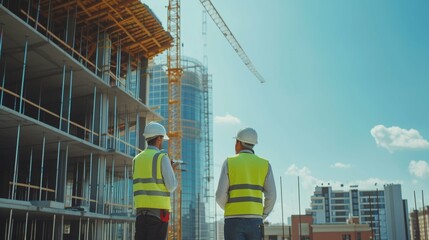 Structural engineer and foreman worker discussing plan working for the outdoors building construction site