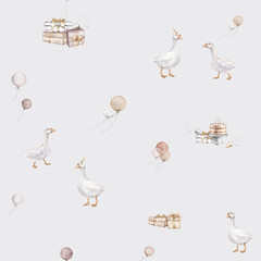 Pattern with Air Balloons and goose, gifs. Watercolor seamless background for Kids. Cute Print for childish textile design or wallpaper. Pastel Color Balloons. hand drawing illustration on isolated.