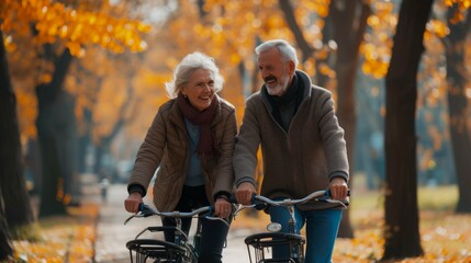 Happy active senior couple with bicycles in park together, cheerful mature couple with bicycles laughing and having fun together
