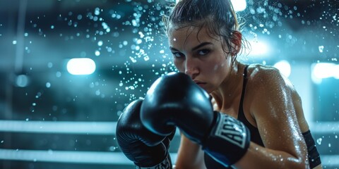 Female muay thai boxer fighting in gloves in boxing cage, Dramatic View with Copy Space