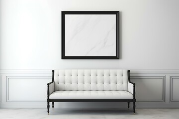 A modern interior scene featuring a blank black frame on a pristine white marble wall, exuding sophistication and minimalism.