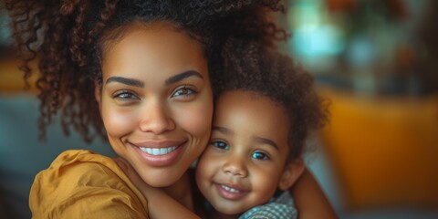 Happy African American mom and daughter on Mother's Day, mother's Day celebration concept, mom and daughter hug, maternal love and care - obrazy, fototapety, plakaty