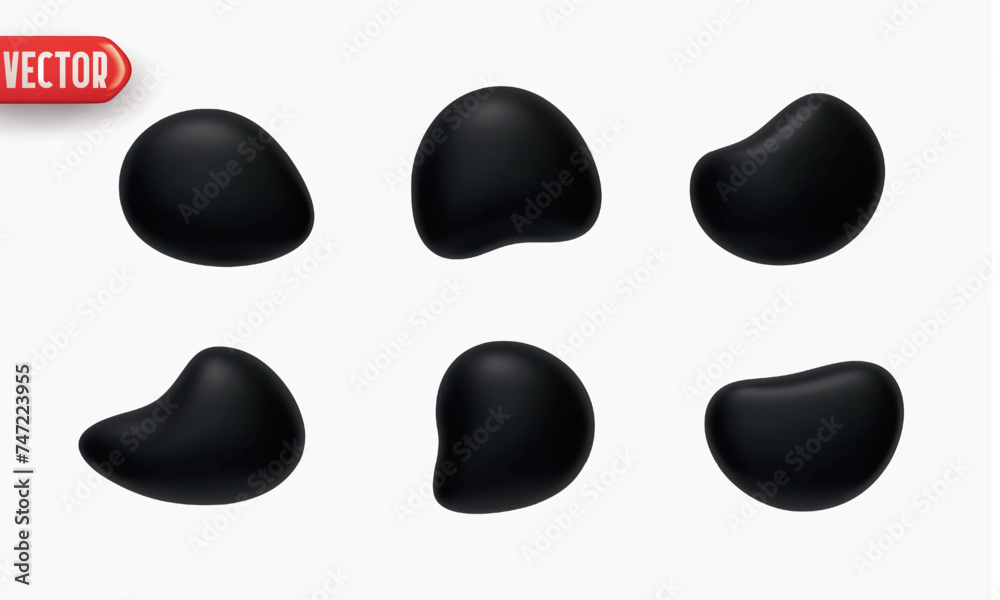 Poster black set of flat liquid drops of different shapes of objects realistic 3d design. design elements i