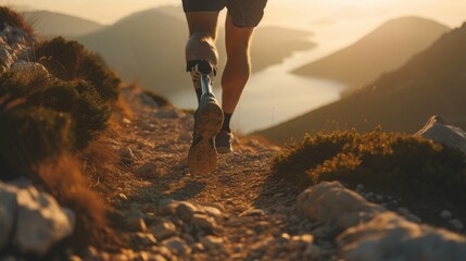 Man with prosthetic leg trail running on top of mountain during morning time - obrazy, fototapety, plakaty