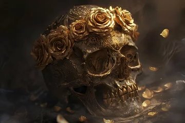 Foto op Canvas Golden Skull with Rose Petals A Timeless and Elegant Headpiece for the Modern Bride Generative AI © Bipul Kumar