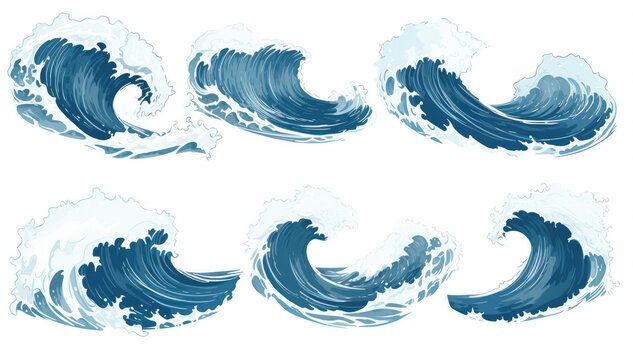 Japanese blue sea waves sketch set, isolated on white background. Ocean wave set hand drawn doodle illustration.