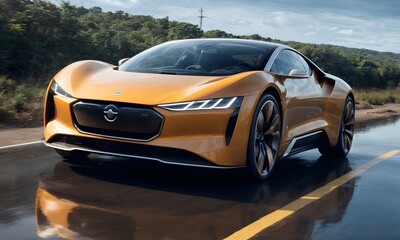 Amidst a natural backdrop, a golden electric sports coupe stands out with its bold design and striking color, a testament to high-speed elegance without the carbon footprint. Its presence on the road