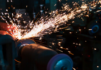 Close-up red hot sparks at grinding steel material. 