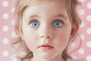 Portrait of a little girl on a pink background with white circles