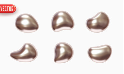 Silver Set of flat liquid drops of different shapes of objects realistic 3d design. Design elements isolated on white background. Vector illustration