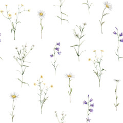 Obraz na płótnie Canvas Seamless pattern watercolor meadow flower with white chamomile and violet bluebell. Repeat wallpaper forest flower yellow ranunculus. Hand drawn illustration on isolated background.