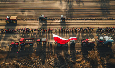 Protest rolników, traktory rolnicy ludzie transparenty flagi