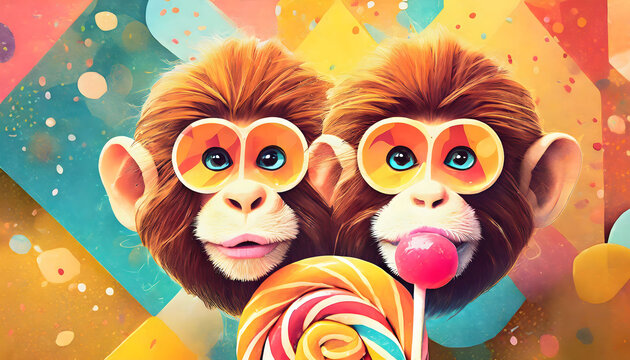 zwei, affen, lutscher, clown, zirkus, kind, baby, party, hintergrund, geburtstag, kinder, close up, bunt, witzig, copy space, gestalten, entwerfen, Geschenkkarte,