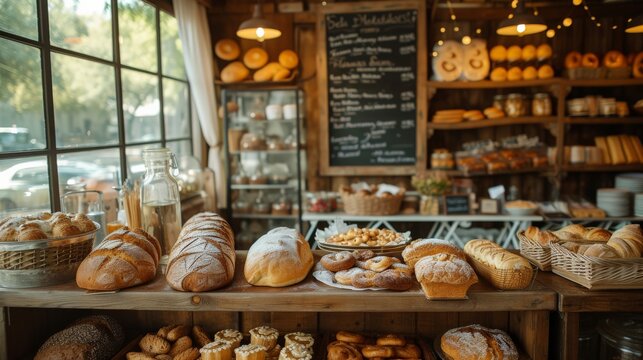 Artisan Bread and Pastries Display in Rustic Bakery Shop