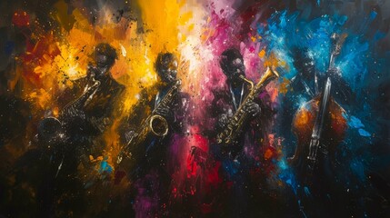 Obraz na płótnie Canvas Colorful Painting of Jazz Musicians Performing with Passion