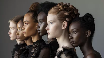 Fotobehang portret studyjny grupy pięknych kobiet o różnym kolorze skóry i różnym typie urody, szare neutralne tło © hunter76