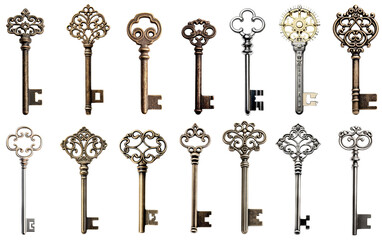 Medieval vintage key isolate on transparent background, antique keys.