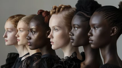 Fotobehang portret studyjny grupy pięknych kobiet o różnym kolorze skóry i różnym typie urody, szare neutralne tło © hunter76