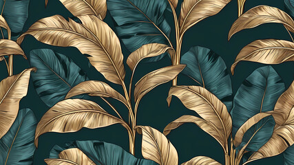tropical exotic seamless pattern with golden green banana leaves palm on night dark background premium hand drawn textured vintage 3d illustration good for luxury wallpapers cloth fabric printing - obrazy, fototapety, plakaty