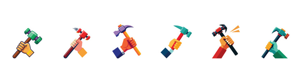 Hammer icon, Hand holding a hammer, Hand holding hammer to repair or fix things line icon, Hammer in Hand icon, judge gavel in hand. - obrazy, fototapety, plakaty