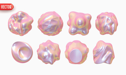 Set of Metaball shapes of objects realistic 3d design iron metal ink hologram gradient. Collection Meteorites asteroids comet Round ball spherical elements. Vector illustration