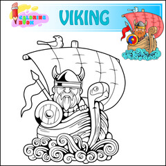 funny viking on a ship coloring book - 747225393