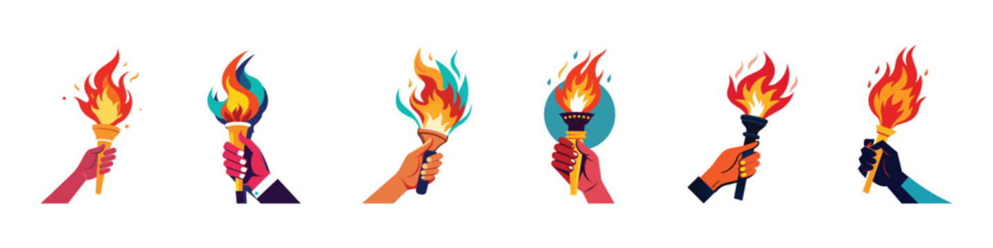 hand holding Flaming torch, hand holding torch icon, Black torch icon. Silhouette hand with flaming torch. Sports concept victory. Hand with flaming torch,  flaming torch. Burning torch flame in hand.