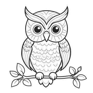Cute kind owl sitting on the tree in the forest. Black and white vector illustration for coloring book. 