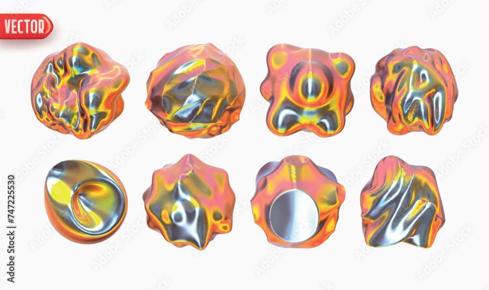 Poster set of metaball shapes of objects realistic 3d design iron gradient. collection meteorites asteroids