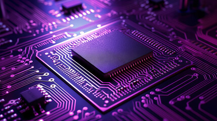 Closed up of CPU on the circuit board with purple lighting. Technology, innovation and future concept.