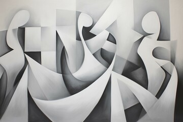 Abstract shapes converging and diverging in a dance of sophistication against a grayscale...