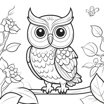 Cute kind owl sitting on the tree in the forest. Black and white vector illustration for coloring book. 