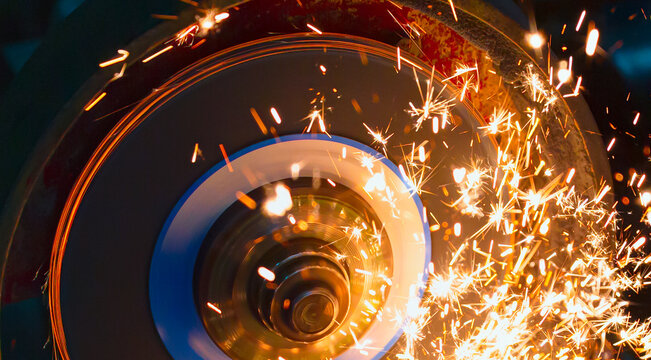 Close-up red hot sparks at grinding steel material. 