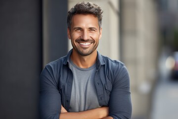 Naklejka premium Handsome smiling young man with . Smiling,crossed hands 