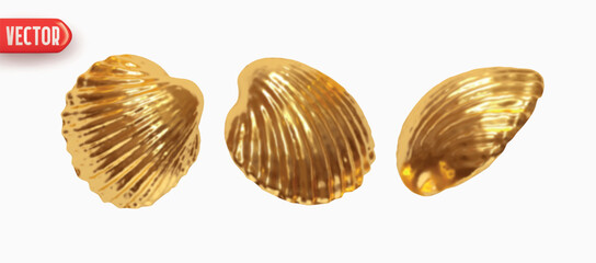 Collection gold Shell scallop. Set of Scallop seashell closed shapes of objects realistic 3d design. Design elements isolated on white background. Vector illustration
