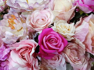 Background of many colorful rose in the florist shop. Beautiful pink rose pattern backgrounds