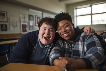 two fat teens students Smiling looking at the camera - obrazy, fototapety, plakaty
