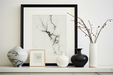 An artful arrangement featuring a blank black frame on a sleek white marble wall, creating a gallery-like atmosphere.