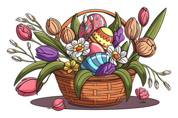 Easter basket with eggs and flowers illustration