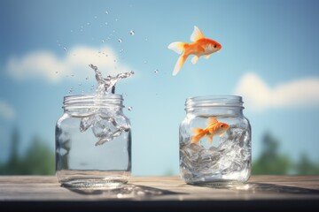 Two jars of water and goldfish jumping in the air, 