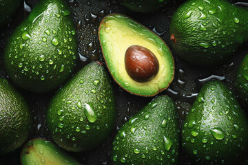 Avocado covered with drops of water. studio light. Avocado background.