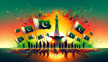 Illustration in paint splatters style representing pakistan day.